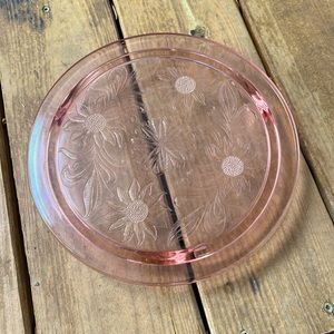 Vintage Pink Depression Glass etched cake platter